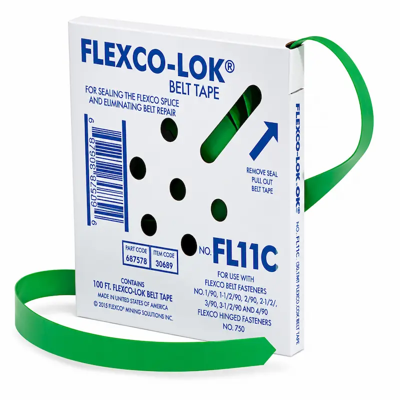Cinta Flexco-Lok para sellado de empalmes en fajas transportadoras, diseñada para proteger uniones mecánicas y mejorar el rendimiento y la durabilidad de las bandas transportadoras industriales.