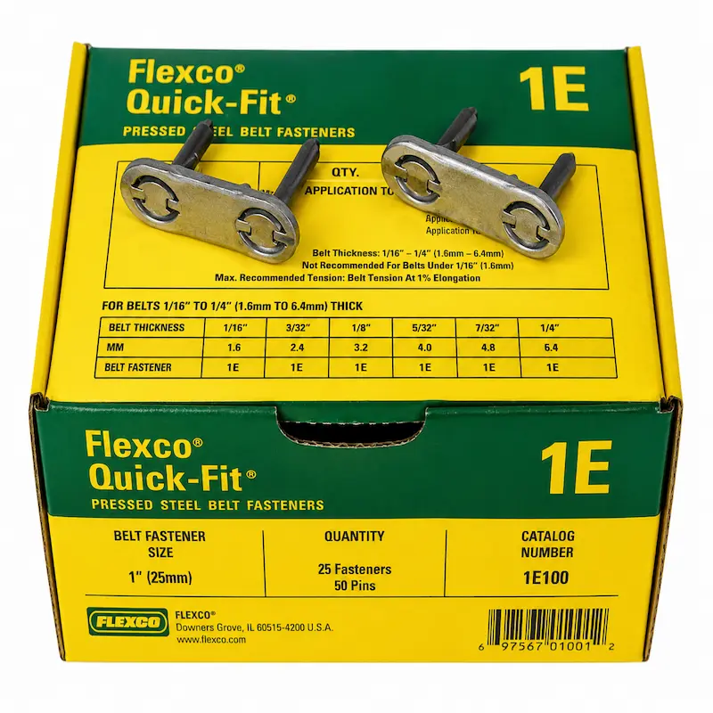 Caja de Grapas Flexco 1E Quick-Fit de 1 pulgada para empalme mecánico de fajas transportadoras industriales.