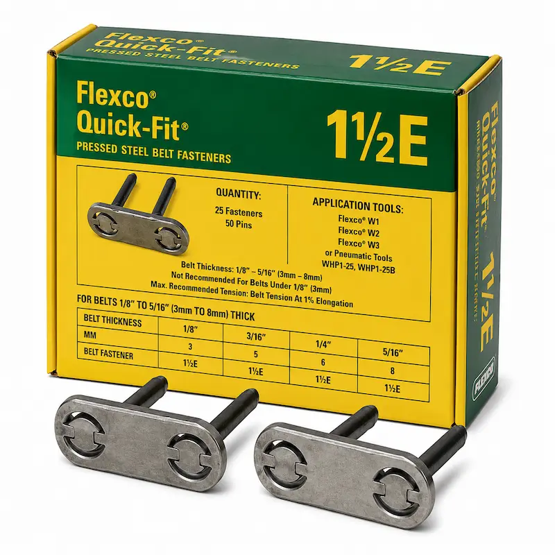 Grapas Flexco 1½E Quick-Fit para empalme mecánico de fajas transportadoras industriales de alta resistencia.