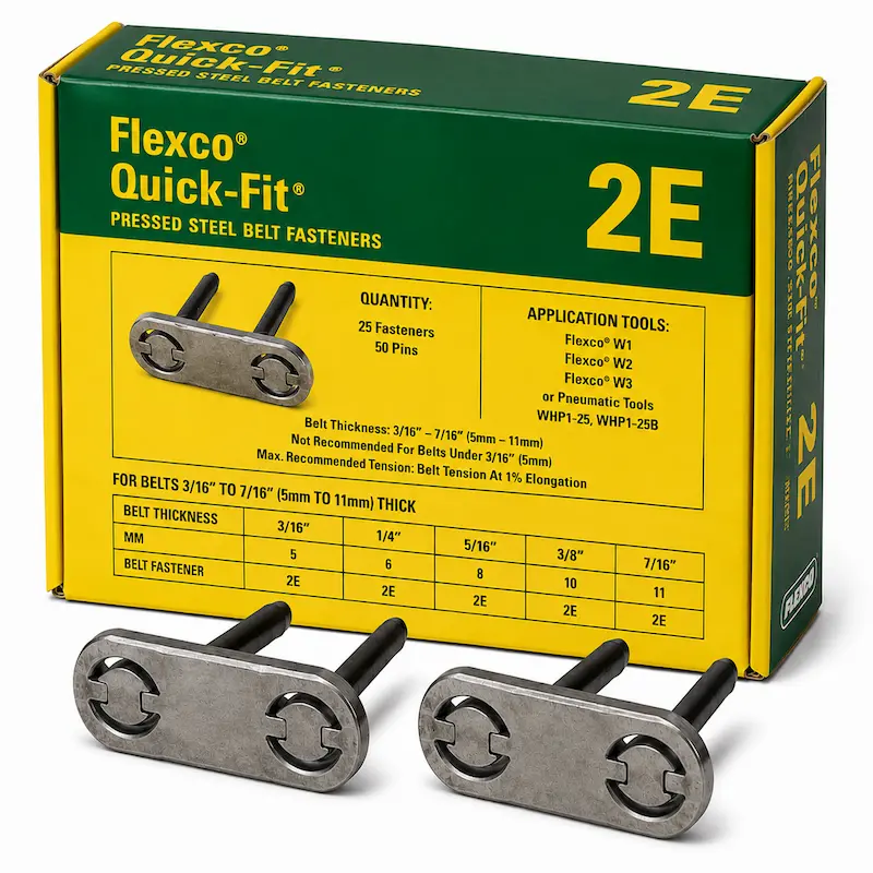 Grapas Flexco 2E Quick-Fit para empalme mecánico de fajas transportadoras industriales de alta resistencia.