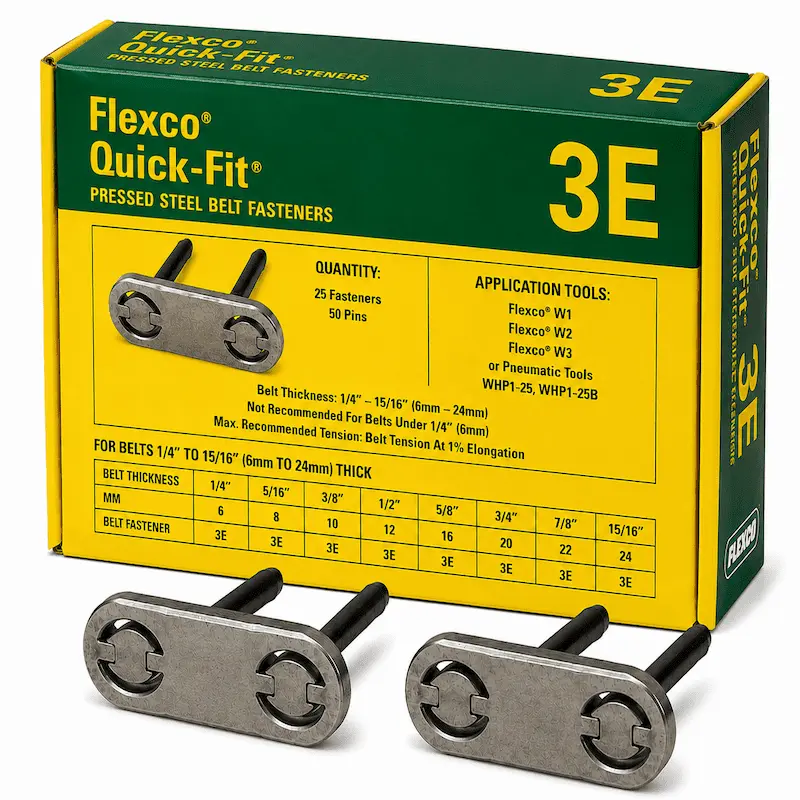 Grapas Flexco 3E Quick-Fit para empalme mecánico de fajas transportadoras industriales de alta resistencia.