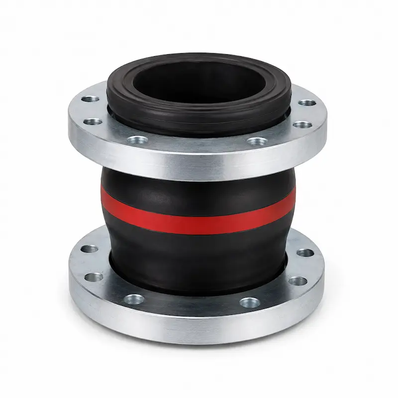 Junta flexible EPDM bridada para absorber vibraciones, movimientos y dilataciones en sistemas de tuberías industriales.