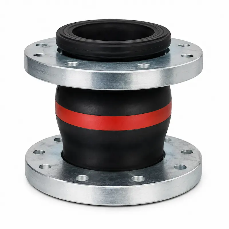 Junta de expansión EPDM industrial bridada para absorber vibraciones, movimientos y dilataciones en sistemas de tuberías.
