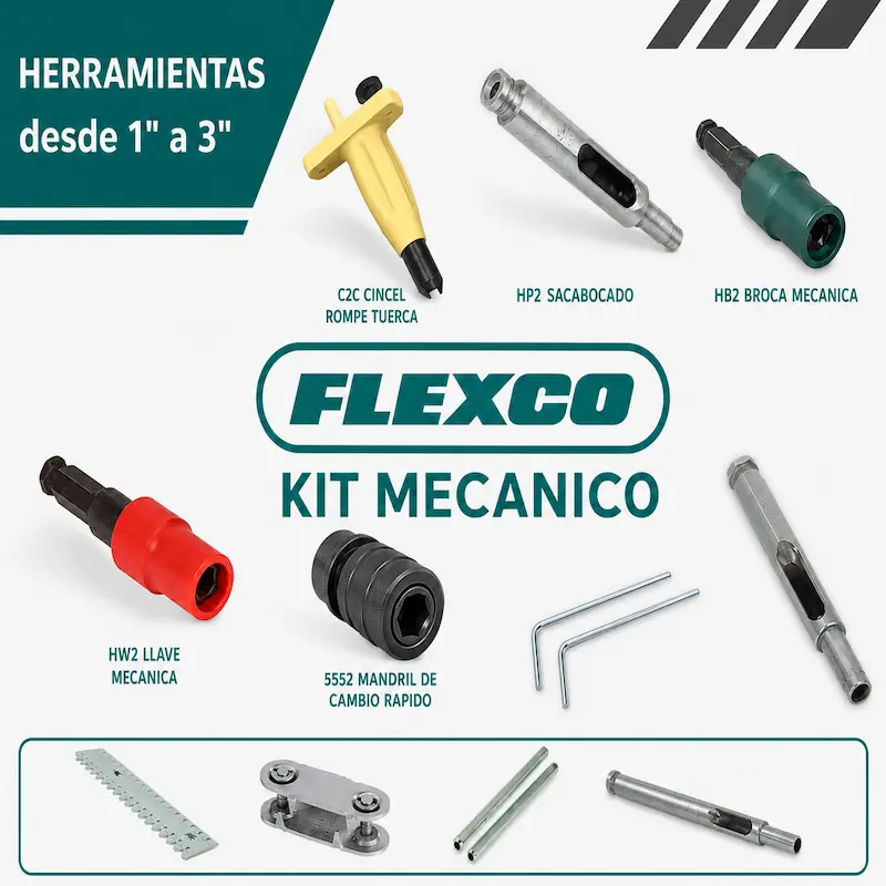 Kit mecánico de herramientas Flexco para instalación y mantenimiento de grapas en fajas transportadoras, incluyendo sacabocados, brocas mecánicas, llaves, mandriles y accesorios para empalmes industriales de alta precisión.