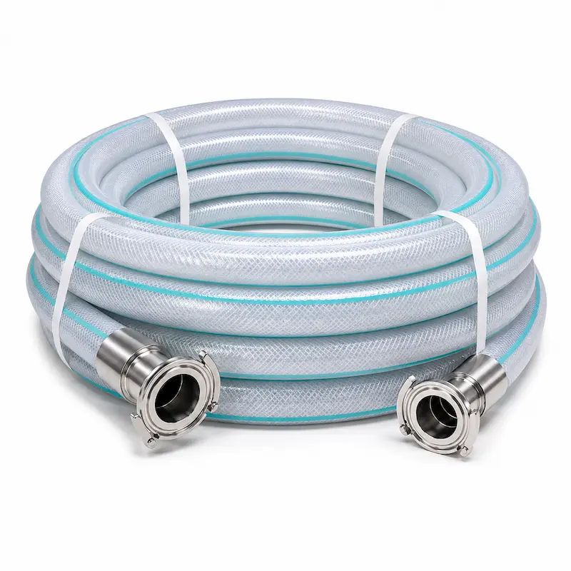 Manguera alimentaria transparente reforzada en rollo con conexiones Clamp de acero inoxidable para transferencia de alimentos, bebidas, lácteos y productos sanitarios.