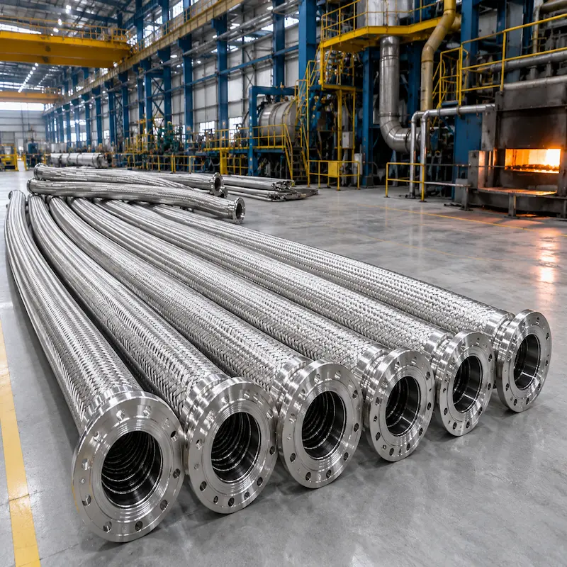 Manguera corrugada de acero inoxidable con bridas para conducción de vapor, aceite térmico y fluidos industriales en aplicaciones de alta temperatura