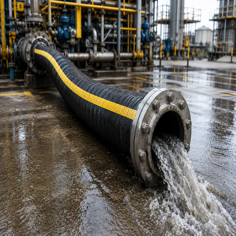 Manguera industrial para trabajo pesado con bridas ANSI 150 utilizada en aplicaciones mineras e industriales de alta exigencia.