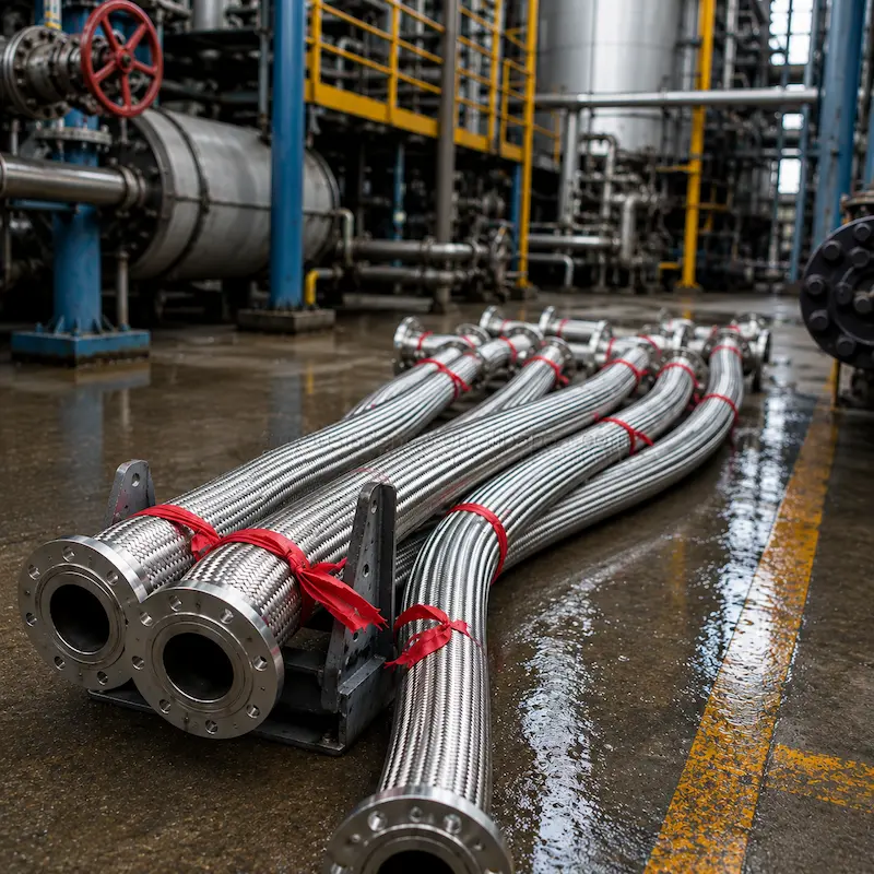 Manguera metálica flexible de acero inoxidable con bridas ANSI para conducción de vapor, gases, aceite térmico y fluidos industriales en Perú