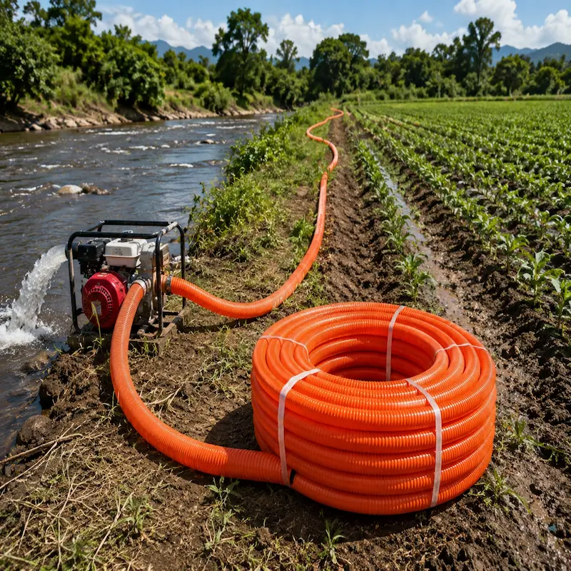Manguera PVC naranja para bombeo agrícola instalada junto a un río, conectada a una motobomba para el riego eficiente de cultivos en campo abierto.