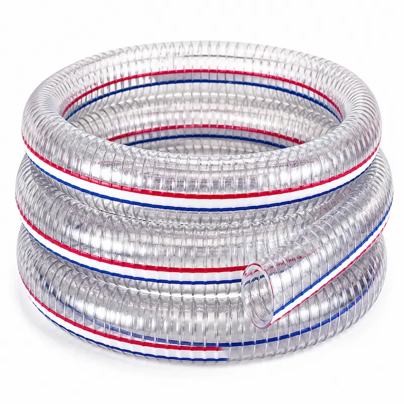 Manguera PVC transparente reforzada con espiral rígido para succión y descarga de agua, líquidos industriales y aplicaciones agrícolas sobre fondo blanco.