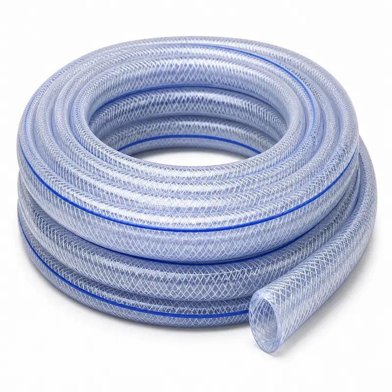 Manguera PVC reforzada transparente para conducción de agua potable, fabricada con refuerzo textil de alta resistencia y apta para uso doméstico, industrial y agrícola.