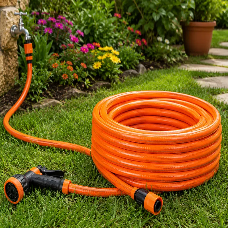 Manguera PVC para jardín enrollada sobre césped verde, equipada con accesorios de riego y diseñada para el suministro eficiente de agua en jardines, patios y áreas residenciales.