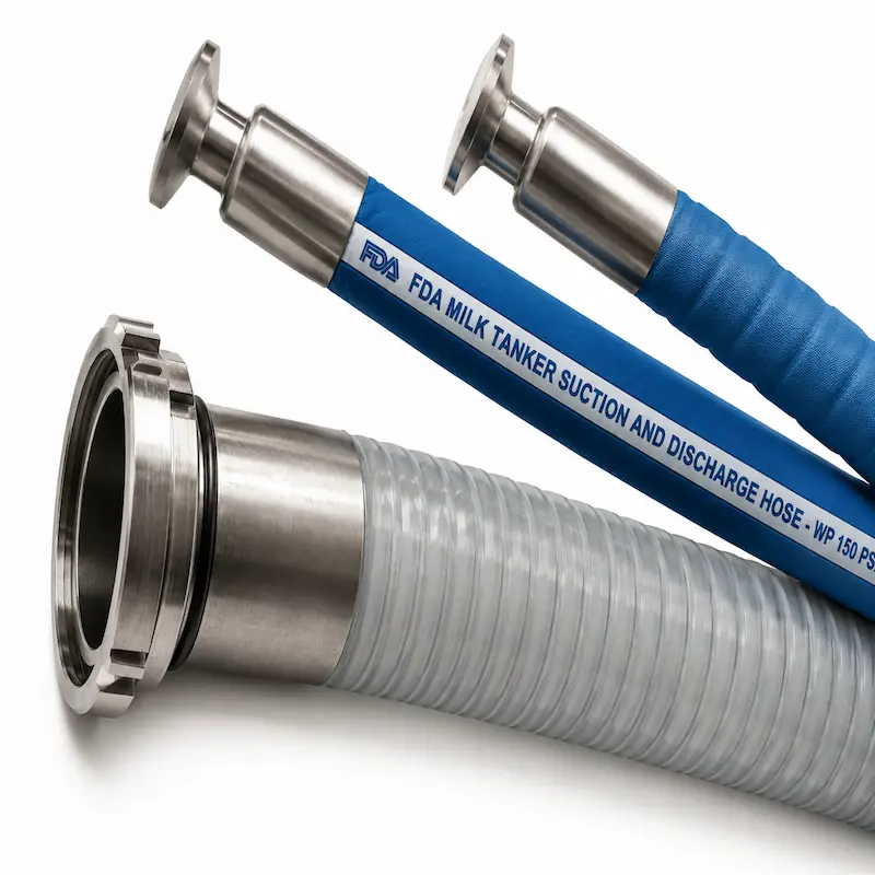 Manguera alimentaria FDA de color azul con terminales sanitarios Clamp de acero inoxidable para transporte de leche, bebidas, alimentos líquidos y productos lácteos en plantas industriales.