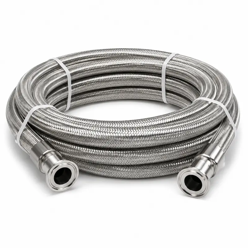 Manguera sanitaria inoxidable trenzada en rollo con conexiones Clamp de acero inoxidable para transferencia de alimentos, bebidas, productos farmacéuticos y procesos sanitarios.