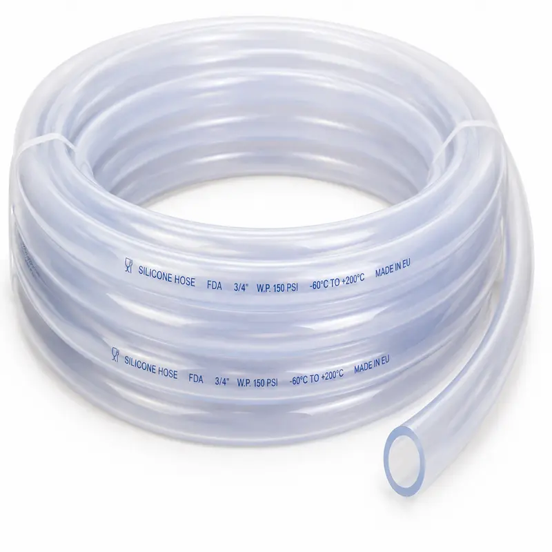 Manguera de silicona alimentaria FDA transparente de alta pureza para transporte de leche, bebidas, jugos, cerveza, vino y productos alimenticios en procesos sanitarios industriales.