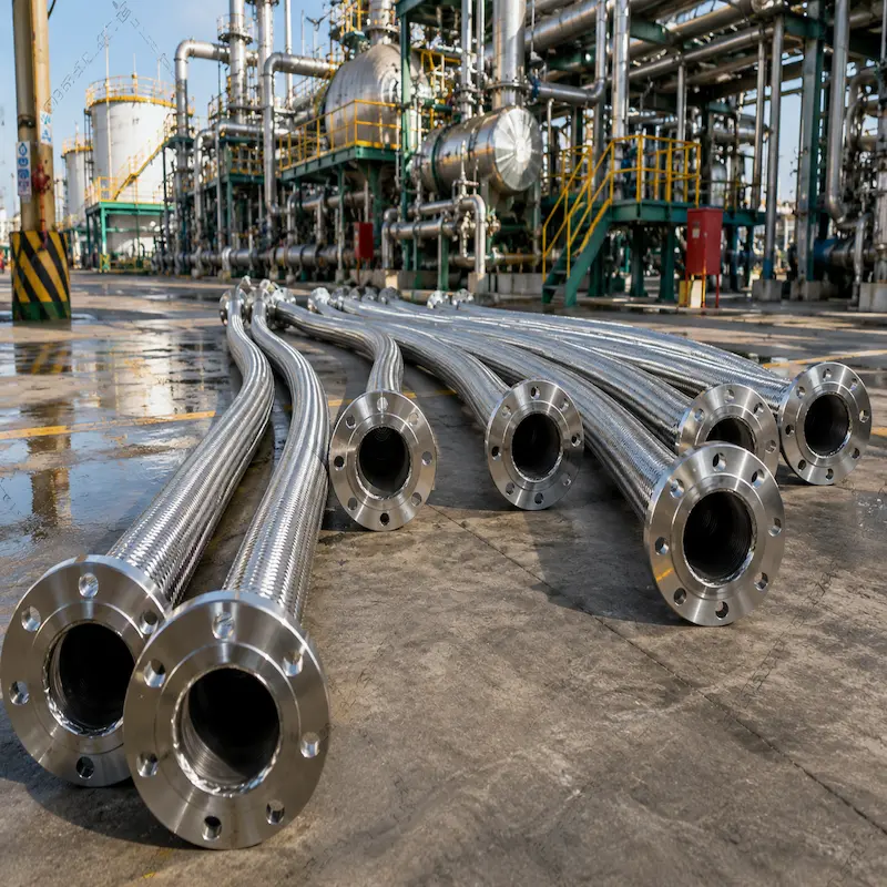 Manguera para derivados del petróleo instalada en planta petroquímica para transferencia de combustibles, hidrocarburos, diésel y aceites industriales