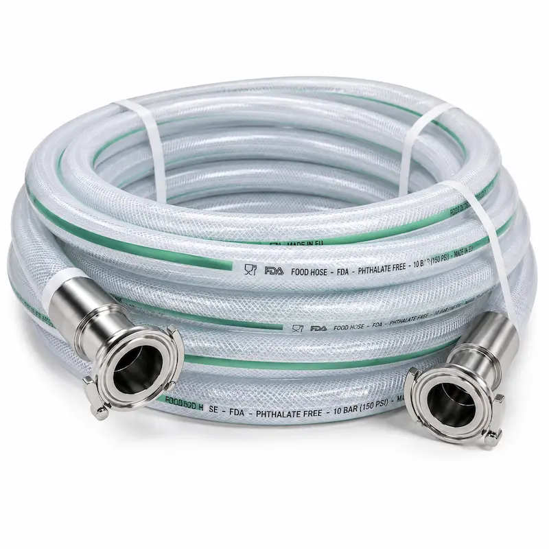 Manguera sanitaria transparente reforzada con conexiones Clamp de acero inoxidable para procesamiento, transferencia y transporte de alimentos y bebidas en la industria alimentaria.