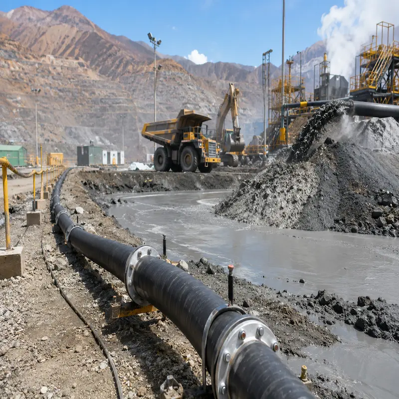 Manguera para relave minero de caucho instalada en una operación minera para el transporte de lodos, pulpas minerales y materiales altamente abrasivos.