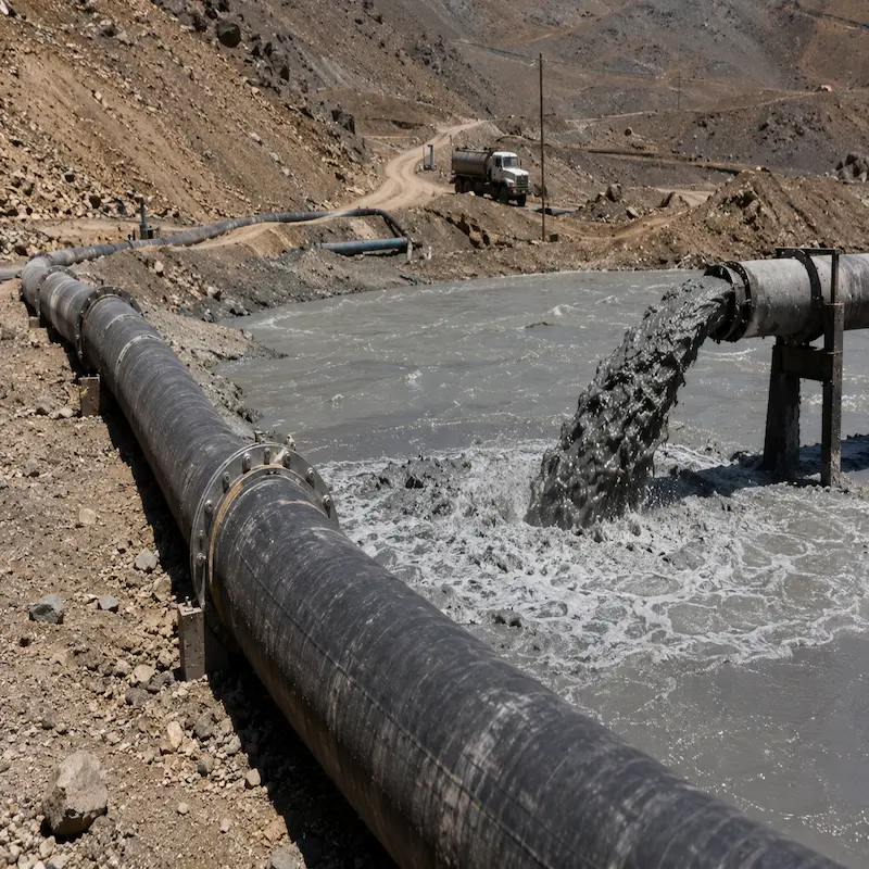 Manguera para relave minero de caucho instalada en una operación minera para el transporte seguro de lodos, pulpas minerales y materiales altamente abrasivos en condiciones de trabajo pesado.