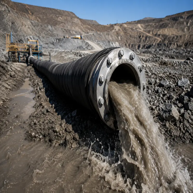 Manguera para succión de relaves con brida ANSI 150 de acero al carbono en mina descargando agua y lodos abrasivos.