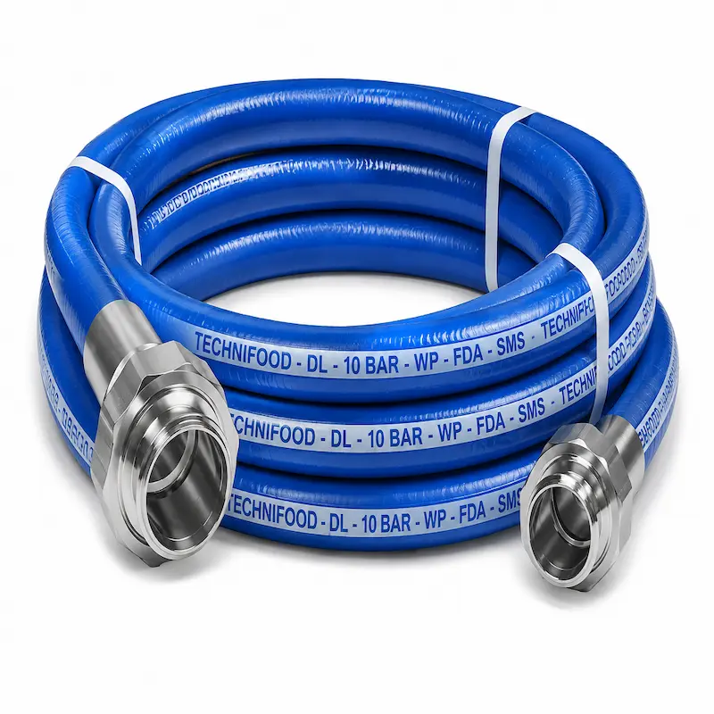 Manguera alimentaria azul en rollo con unión SMS de acero inoxidable para transferencia sanitaria de alimentos, bebidas, lácteos y productos farmacéuticos.