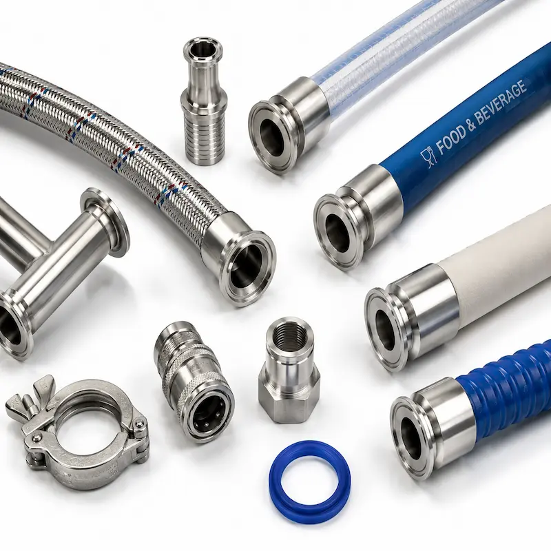 Mangueras sanitarias FDA con conexiones Clamp de acero inoxidable 304 y 316L, accesorios sanitarios, abrazaderas y acoples para transporte de leche, bebidas, alimentos líquidos y procesos industriales alimentarios.