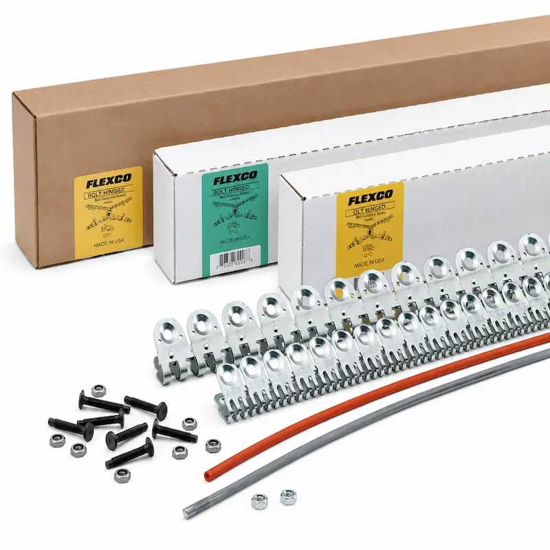 Sistema Bolt Hinged con placas atornilladas, pernos y pasador para empalme mecánico de fajas transportadoras industriales de alta resistencia.
