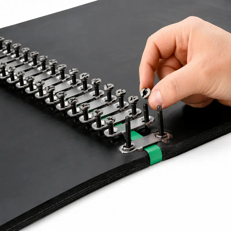 Sistema Bolt Solid Plate con placas atornilladas instalado en una faja transportadora para empalmes mecánicos de alta resistencia en aplicaciones industriales y mineras.