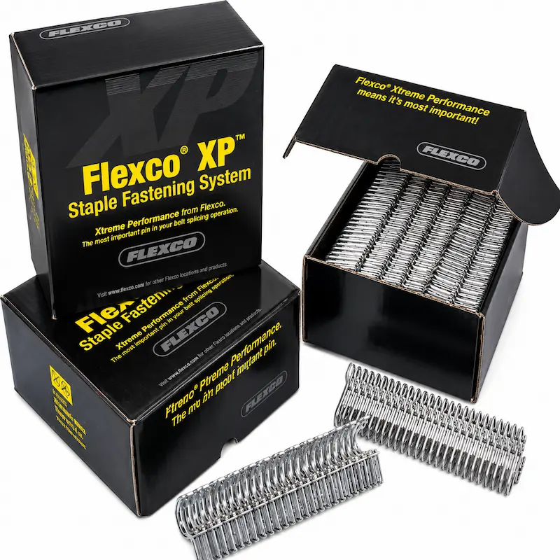Sistema XP Staple Flexco para fajas transportadoras con grapas metálicas de alta resistencia para empalmes rápidos y seguros en bandas transportadoras industriales.