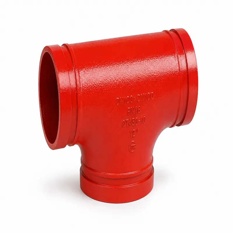 Tee ranurada de hierro dúctil color rojo para sistemas contra incendio y redes hidráulicas industriales.