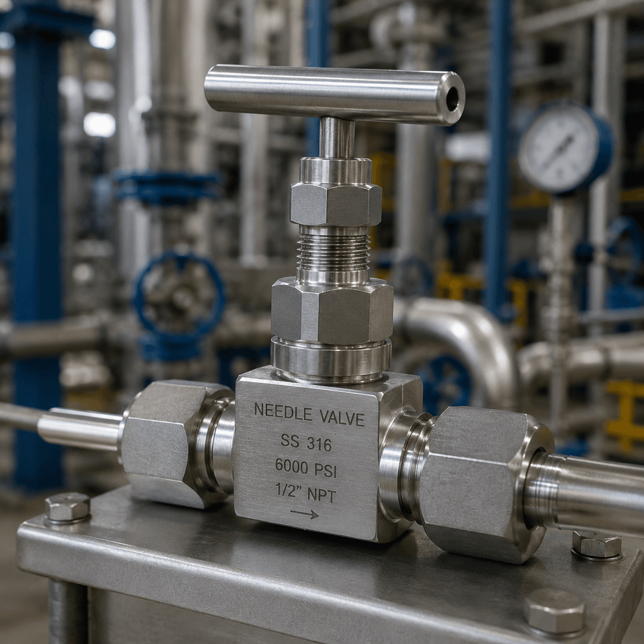 Válvula de aguja de precisión en acero inoxidable SS316 para control de flujo en sistemas industriales de alta presión.