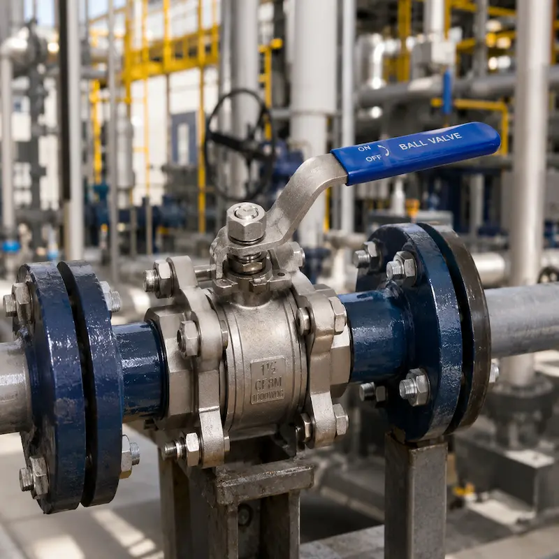Válvula de bola de acero inoxidable instalada en planta industrial para control de fluidos