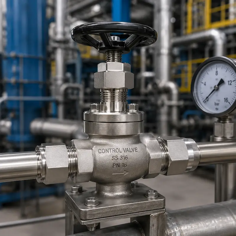 Válvula de control de flujo industrial en acero inoxidable para regulación precisa de fluidos en sistemas de proceso.