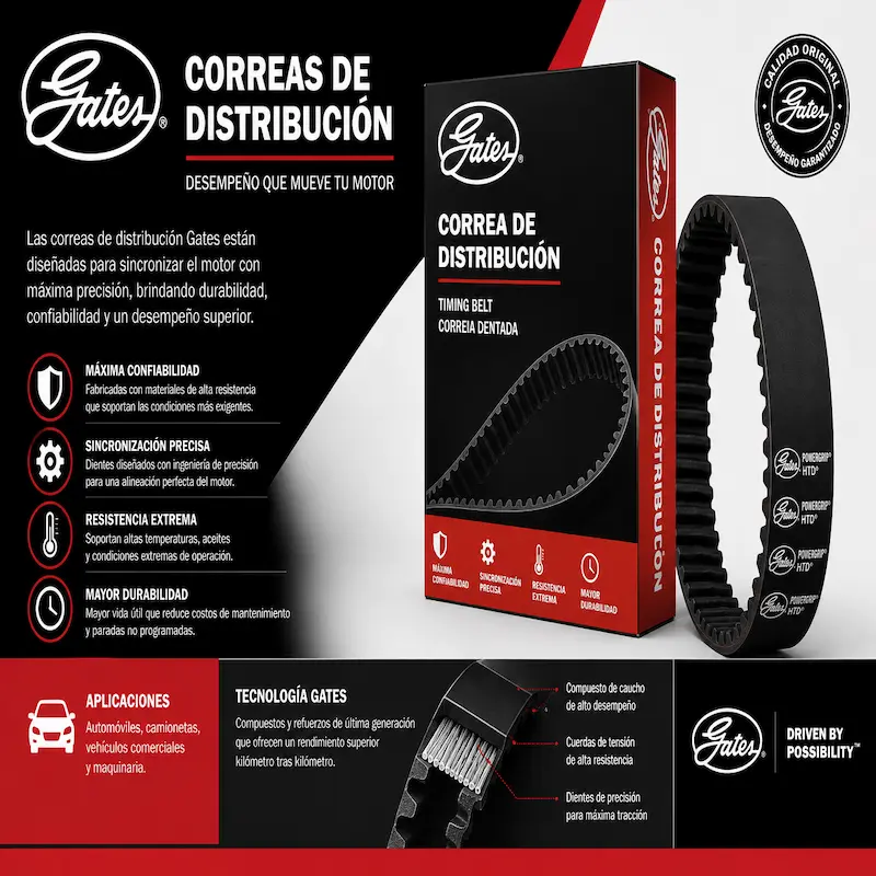 Correa de distribución Gates de alta resistencia para motores de automóviles y vehículos comerciales.