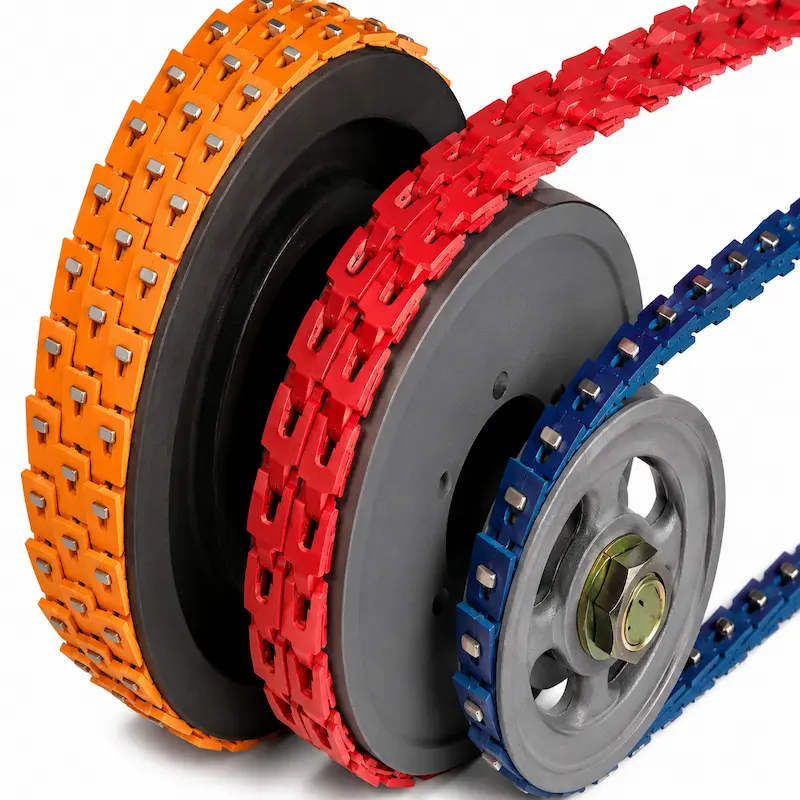 Faja eslabonada industrial de diseño modular para transmisión de potencia, ideal para motores, ventiladores, bombas y maquinaria con reducción de vibraciones y fácil instalación.