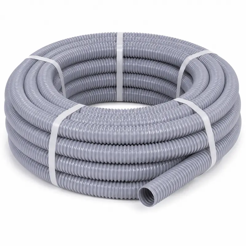 Manguera PVC corrugada flexible de alta resistencia, diseñada para drenaje, ventilación, protección de cables y conducción de aire y líquidos en aplicaciones industriales, agrícolas y de construcción.