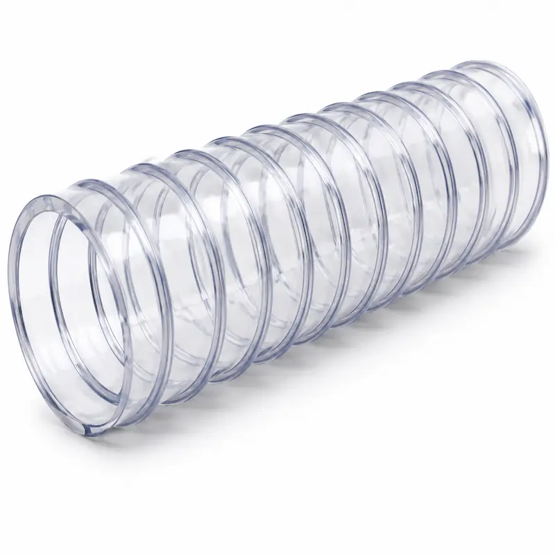 Manguera PVC espiralada transparente de alta flexibilidad y resistencia, ideal para succión y descarga de agua, aire, polvo y líquidos en aplicaciones industriales, agrícolas, mineras y de construcción.