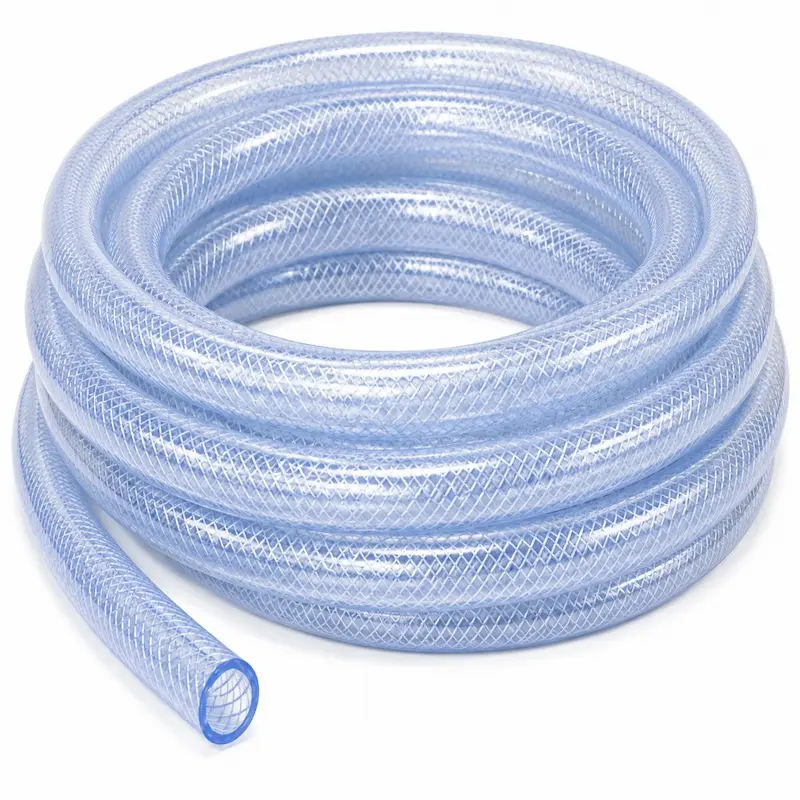 Manguera PVC flexible reforzada de alta resistencia, ideal para el transporte de agua, aire y líquidos en aplicaciones industriales, agrícolas, comerciales, jardinería y uso general.