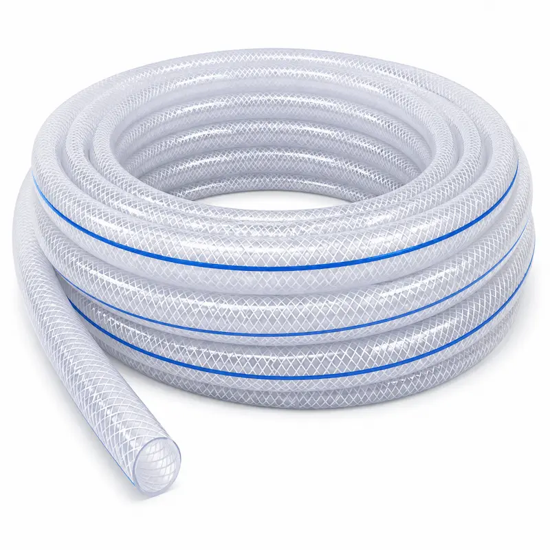 Manguera PVC grado alimenticio transparente y reforzada, fabricada con materiales aptos para el transporte seguro de agua potable, bebidas, leche, jugos, alimentos líquidos y productos de la industria alimentaria.