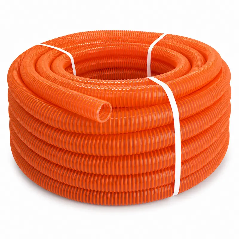 Manguera PVC helicoidal reforzada con espiral de alta resistencia, ideal para succión y descarga de agua, aire, polvos y líquidos en aplicaciones industriales, agrícolas, mineras y de construcción.