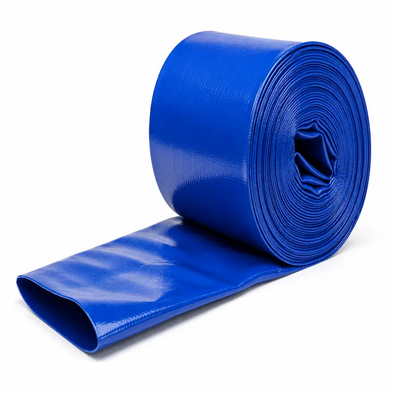 Manguera PVC Layflat azul de alta resistencia para descarga y conducción de agua en riego agrícola, construcción, minería, motobombas y aplicaciones industriales.