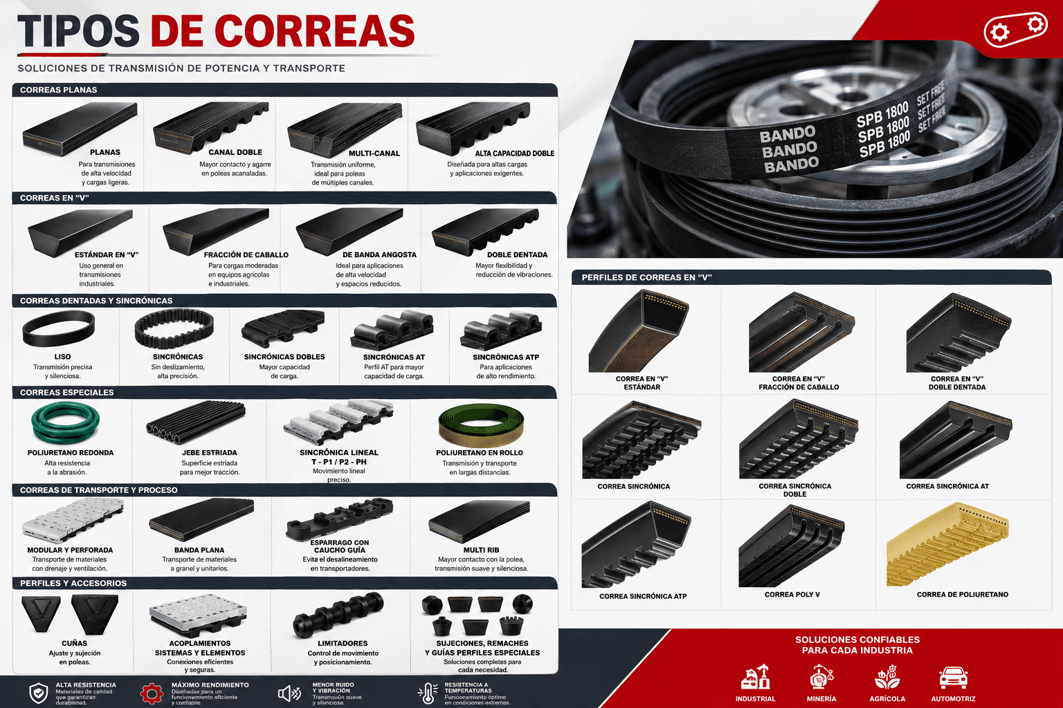 Tipos de correas industriales de transmisión: correas en V, Poly V, sincronizadas, dentadas, planas, agrícolas y especiales para aplicaciones industriales y automotrices.