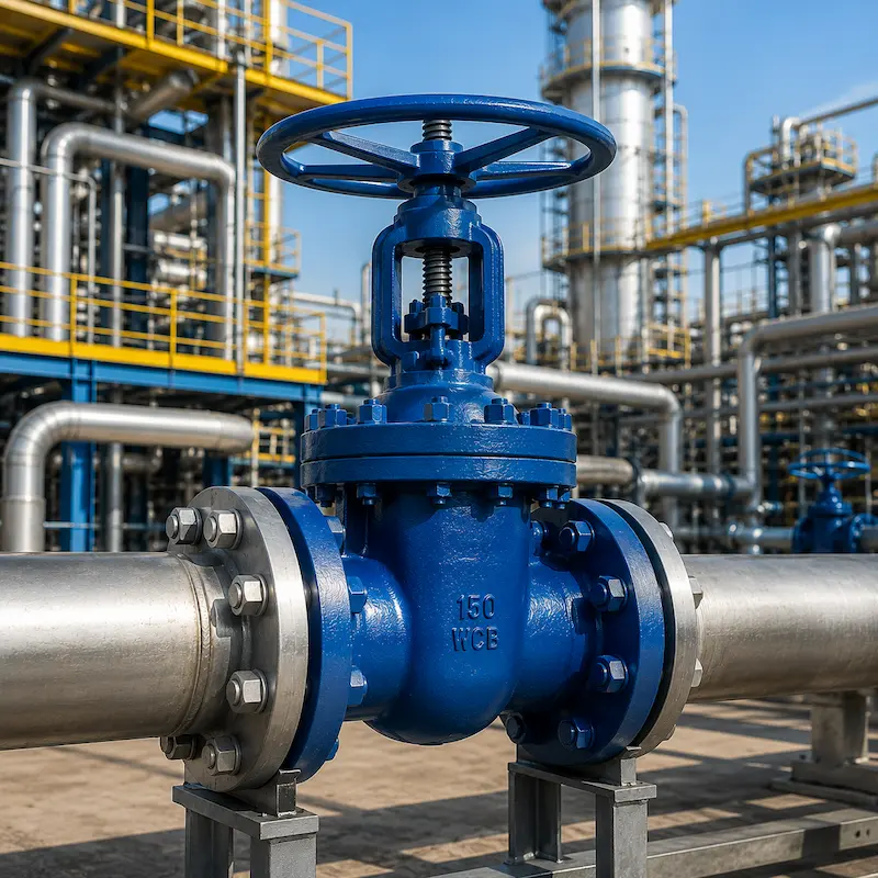 Válvula de compuerta industrial instalada en planta para control de fluidos y procesos industriales