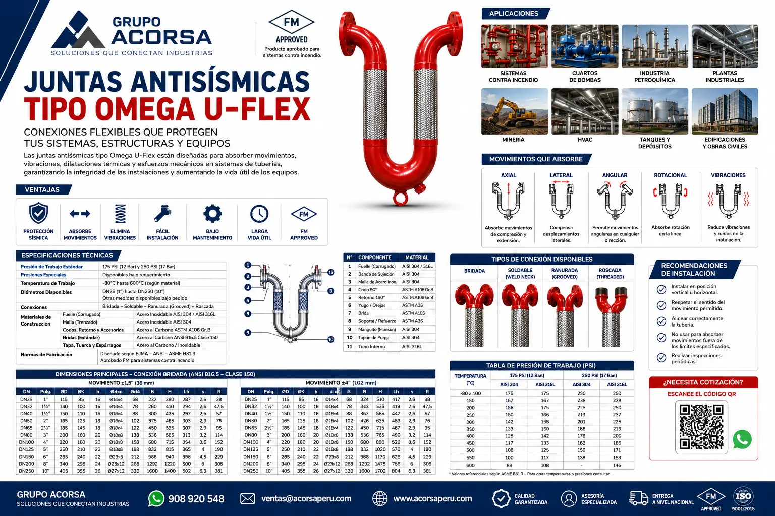 Junta antisísmica tipo Omega U-Flex bridada para absorber movimientos sísmicos, vibraciones y dilataciones en tuberías industriales.