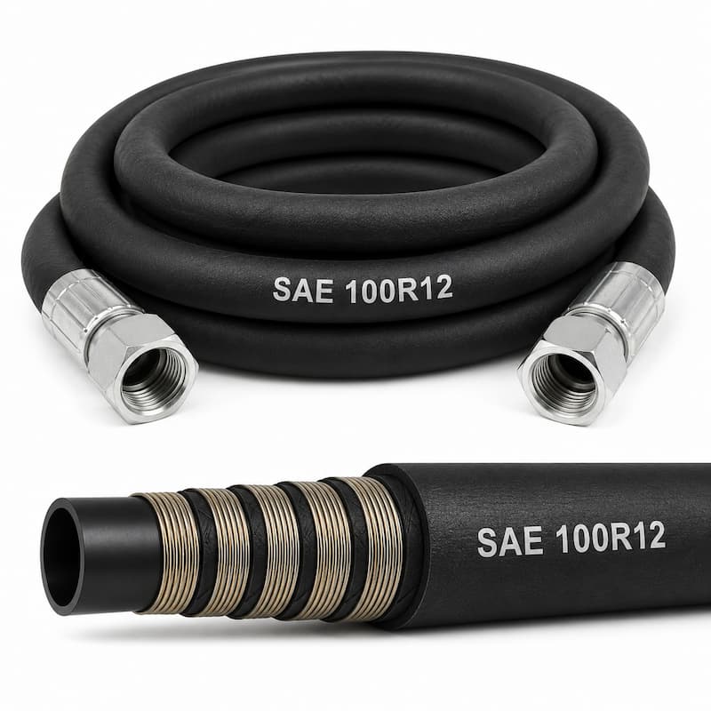 Manguera hidráulica SAE 100R12 con cuatro espirales de acero para sistemas hidráulicos de alta presión y trabajo pesado.