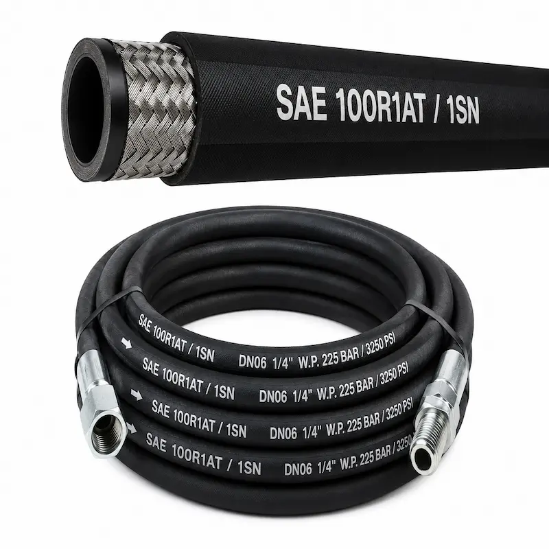 Manguera hidráulica SAE 100R1AT / EN 853 1SN con una trenza de acero para sistemas hidráulicos de presión media y alta.