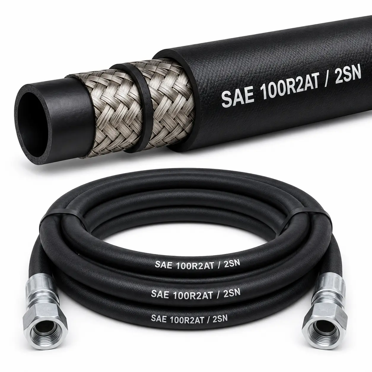 Manguera hidráulica SAE 100R2AT / EN 853 2SN con doble trenza de acero para sistemas hidráulicos de alta presión.
