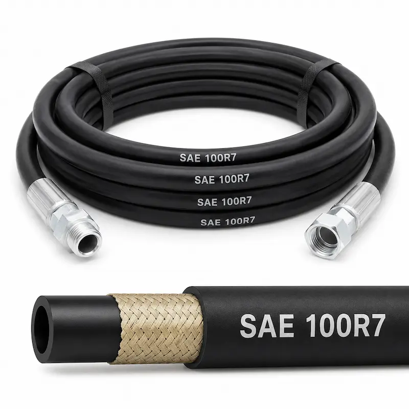 Manguera termoplástica hidráulica SAE 100R7 con refuerzo de fibra sintética para sistemas hidráulicos de mediana y alta presión.