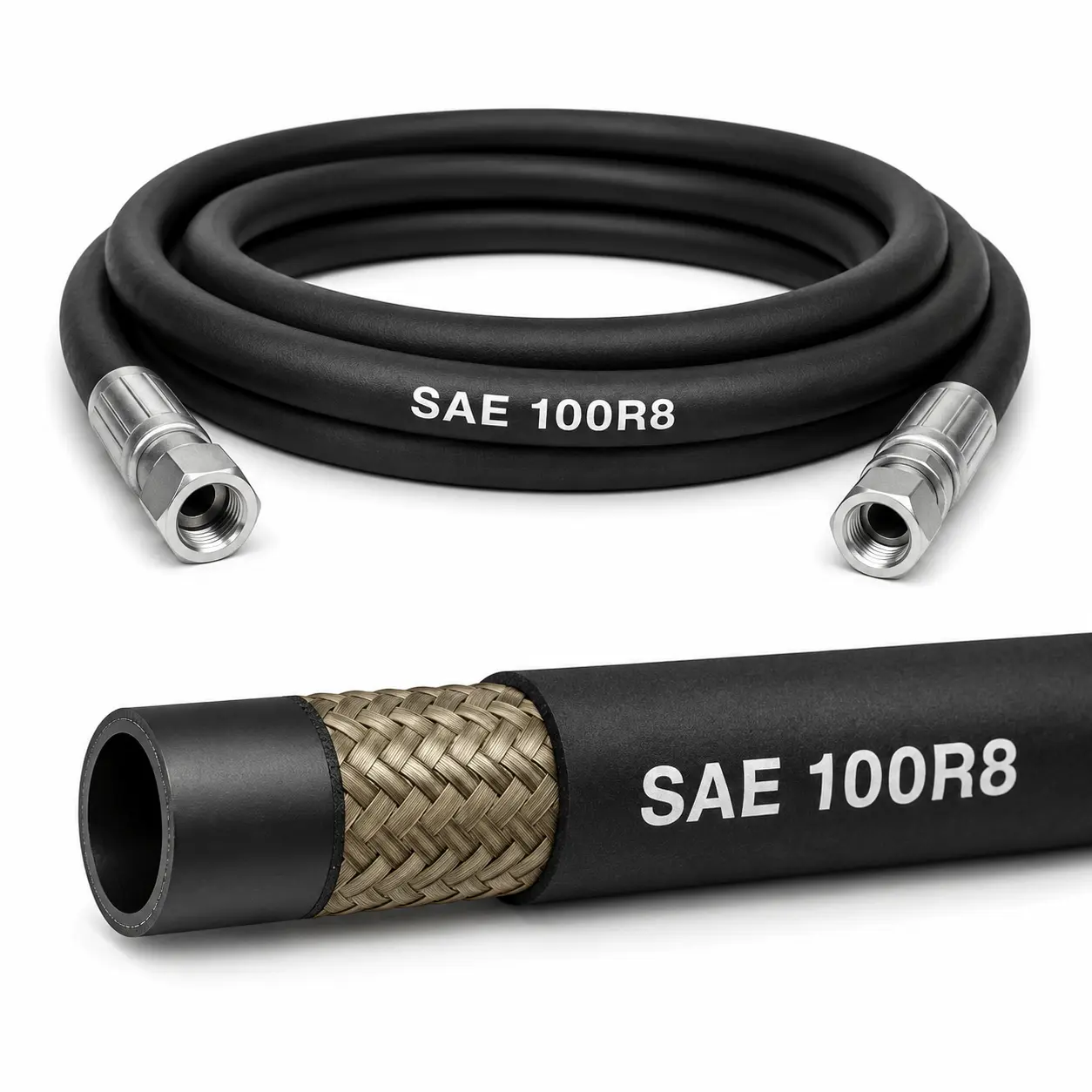 Manguera termoplástica hidráulica SAE 100R8 con refuerzo de fibra sintética para sistemas hidráulicos de alta presión.