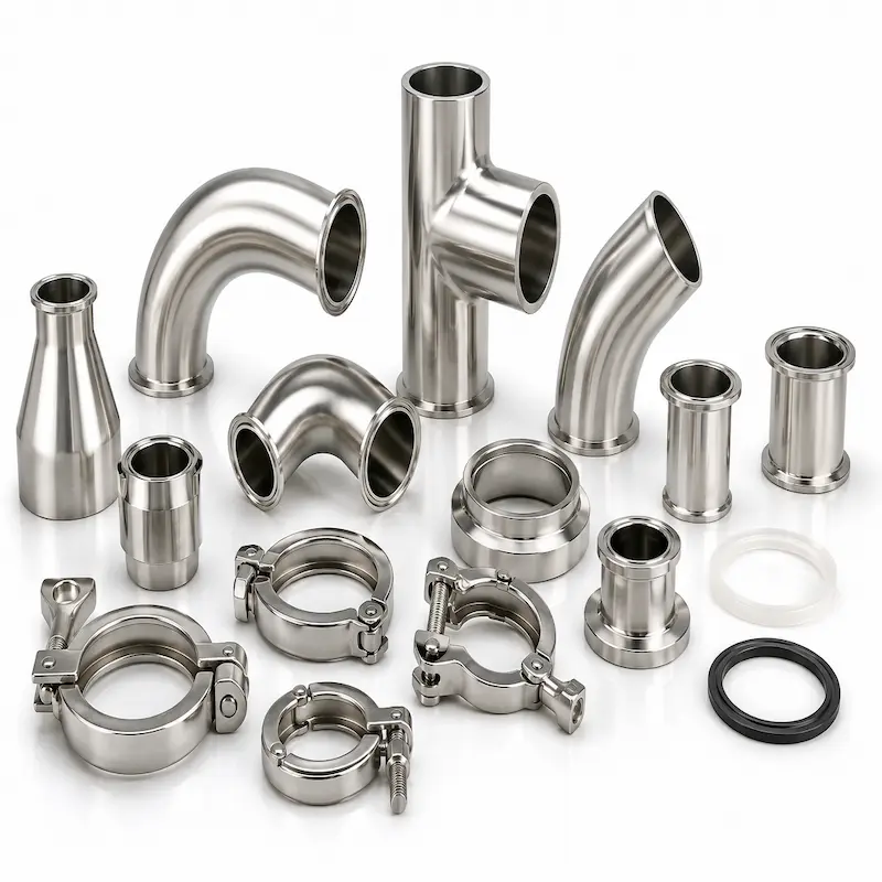 Conexiones sanitarias de acero inoxidable 304 y 316 tipo Clamp, SMS y DIN para industria alimentaria, farmacéutica y bebidas